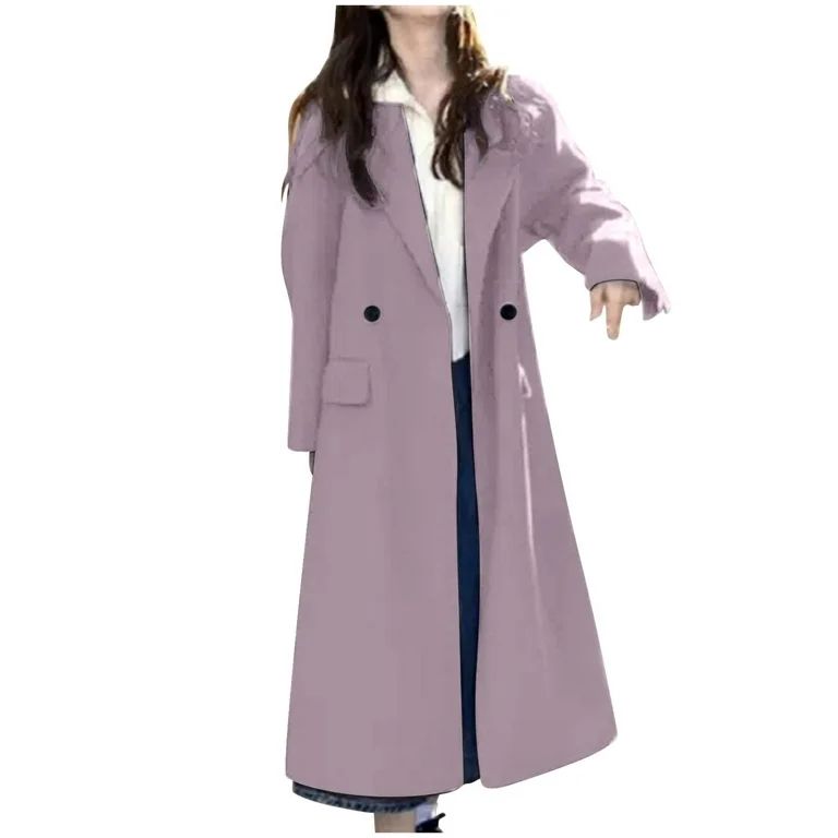 Long Wool Blend Trench Coat for Women Dressy Casual Notch Lapel Mid Length Overcoat Double Breast... | Walmart (US)