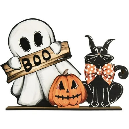 Smile Happy Halloween Wooden Table Decoration, Pumpkin Ghost Boo Black Cat Standing Centerpieces, Indoor Decor for Desk Shelf and Party | Walmart (US)