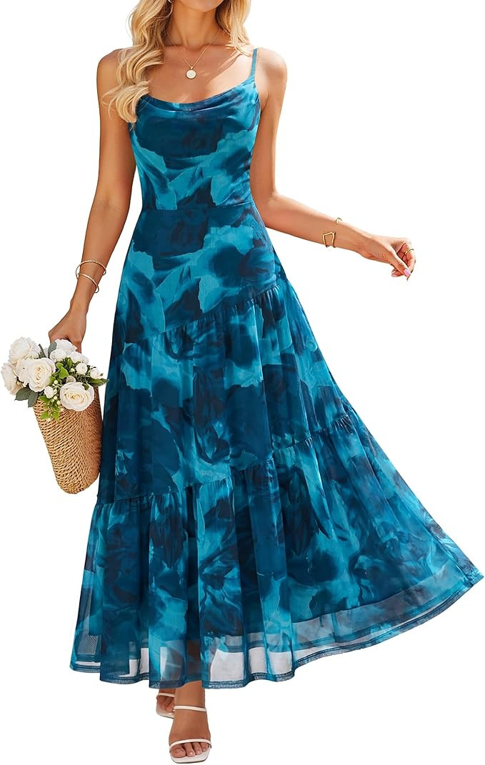 ZESICA Women's Summer Floral Sleeveless Maxi Dress 2026 Boho Mesh Spaghetti Strap Flowy Beach Wed... | Amazon (US)