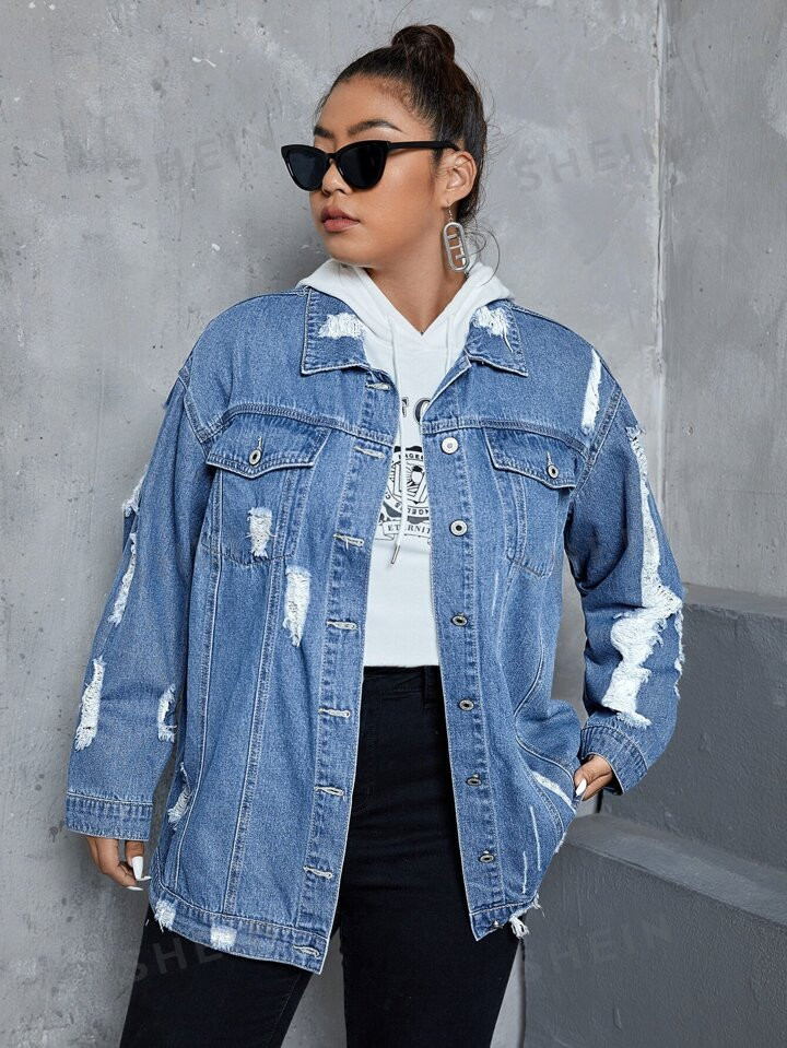 SHEIN Plus Ripped Drop Shoulder Denim Jacket | SHEIN
