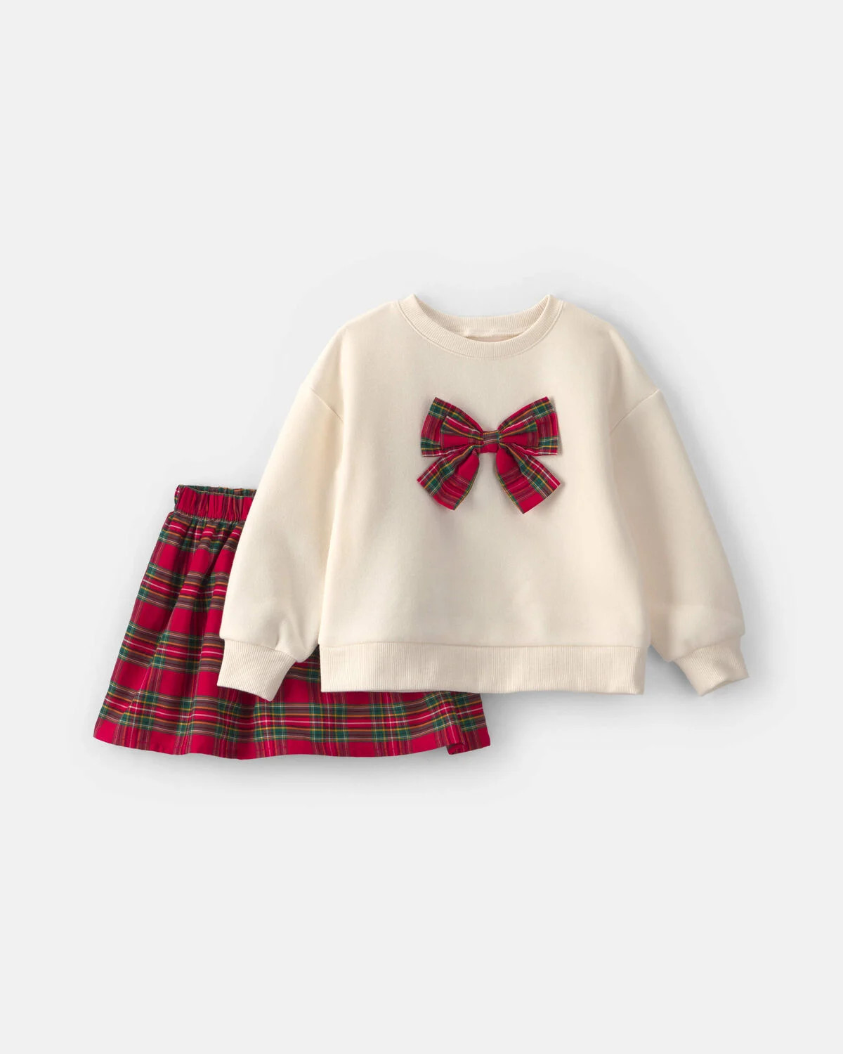 Toddler Girl 2-Piece Bow Plaid Fleece Long-Sleeve Top & Skort Set - Cream/Red | Carter's Inc