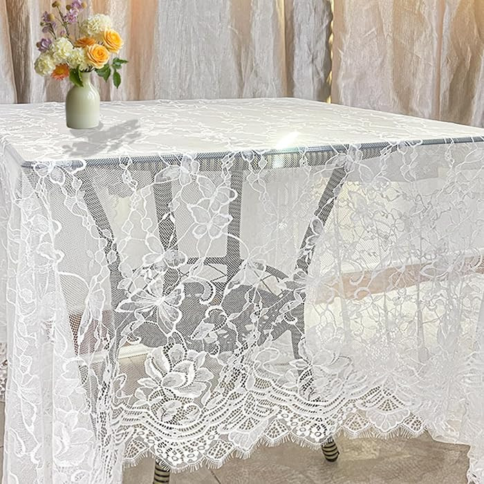 White Lace Tablecloth - 60 x 120 Inches - Rectangle Vintage Embroidered Table Cover for Spring We... | Amazon (US)