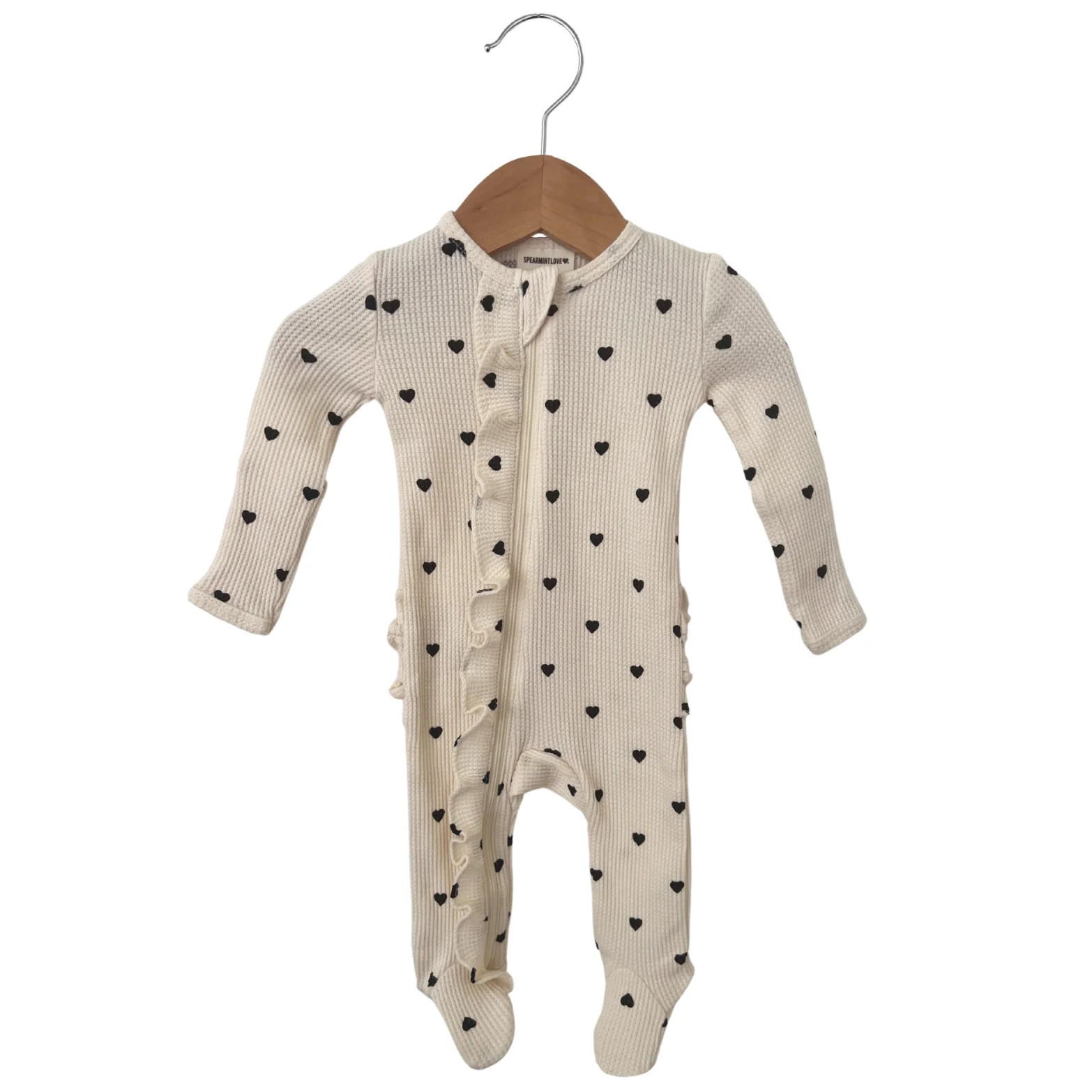 Organic Waffle Ruffle Zip Footie, Black Heart | SpearmintLOVE