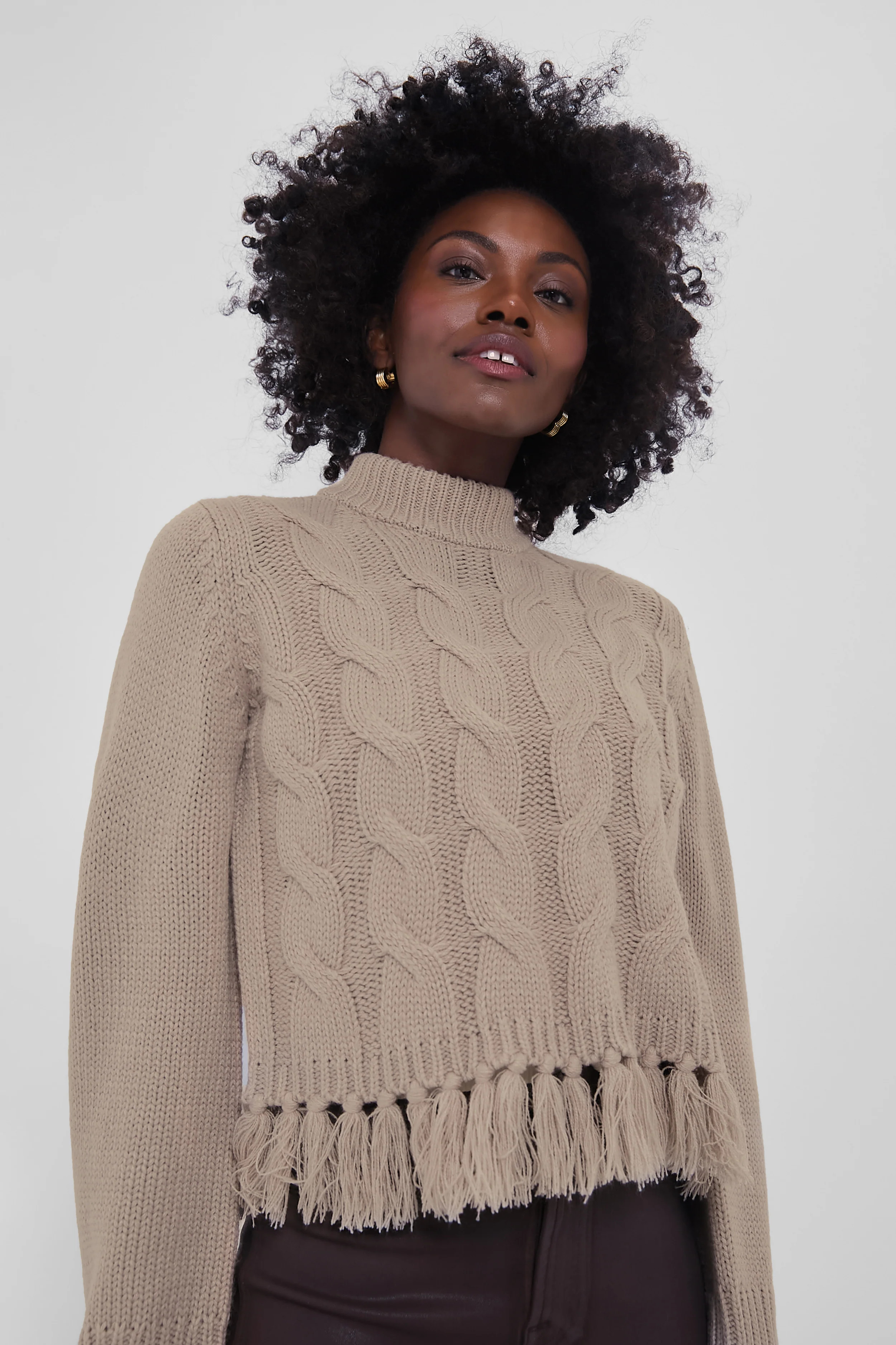 Taupe Fringe Cable Knit Sweater | Tuckernuck (US)