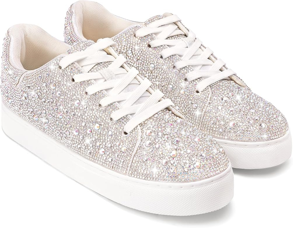 Rhinestone Sneakers for Women, Glitter Sparkle Tennis Shoes Platform Bling Silver Fashion Sparkly... | Amazon (US)