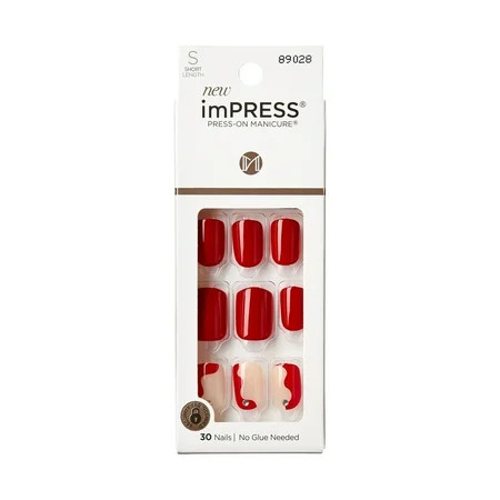 KISS imPRESS Long-Lasting Short Square Gel Press-On Nails, Glossy Medium Red, 30 Pieces | Walmart (US)