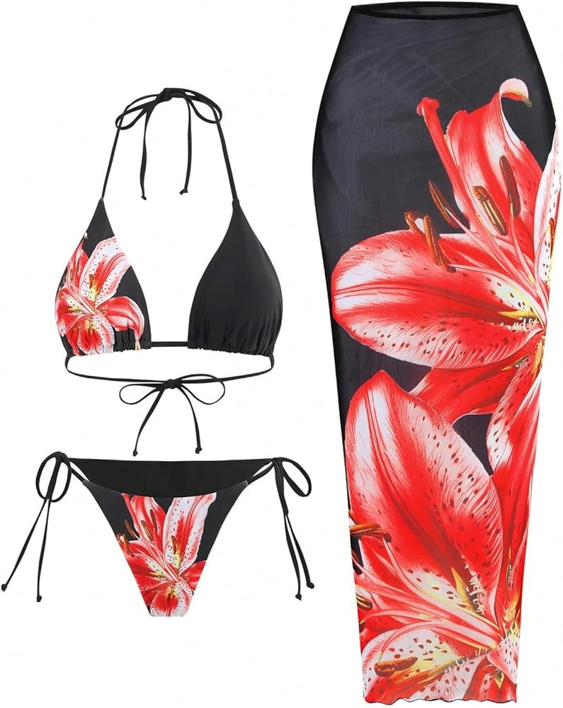 ZAFUL Womens 3pcs Swimsuit Floral Halter Triangle Bikini Top Tie Side Bottom with Long Sheer Cove... | Amazon (US)