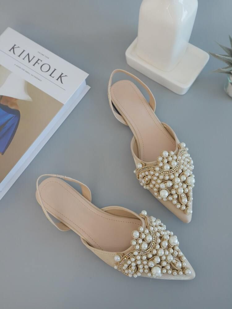 Faux Pearl & Rhinestone Decor Point Toe Slingback Flats | SHEIN