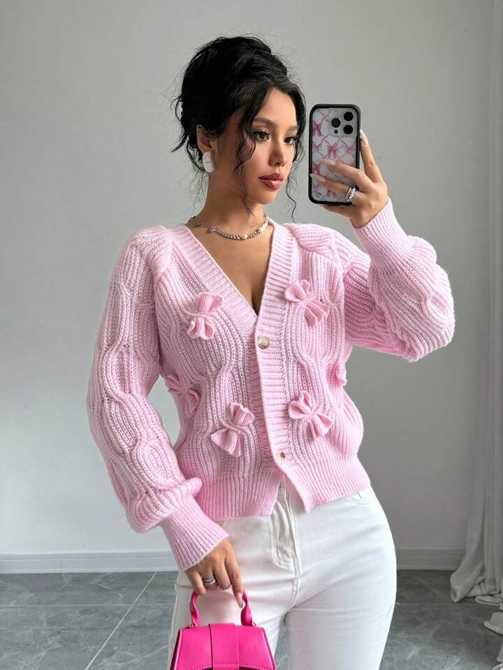 Elenzga Women's Soft Pink Bow Cardigan,Long Sleeve Tops | SHEIN