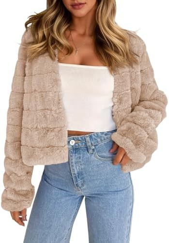 Fisoew Womens Cropped Faux Fur Jackets Long Sleeve Open Front Fluffy Short Coats | Amazon (US)