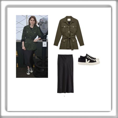 Princess Beatrice in New York City in H&M satin maxi skirt, maje jacket and Veja sneakers 