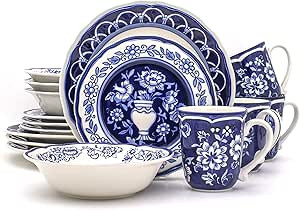 Euro Ceramica Blue Garden 16 Piece Oven Safe Hand Painted Stoneware Dinnerware Set, Service for 4... | Amazon (US)