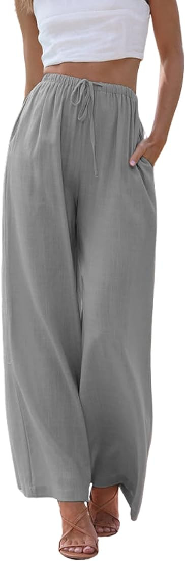 Hooever Women's Wide Leg Cotton Linen Pants High Waist Adjustable Tie Knot Lounge Trousers | Amazon (US)