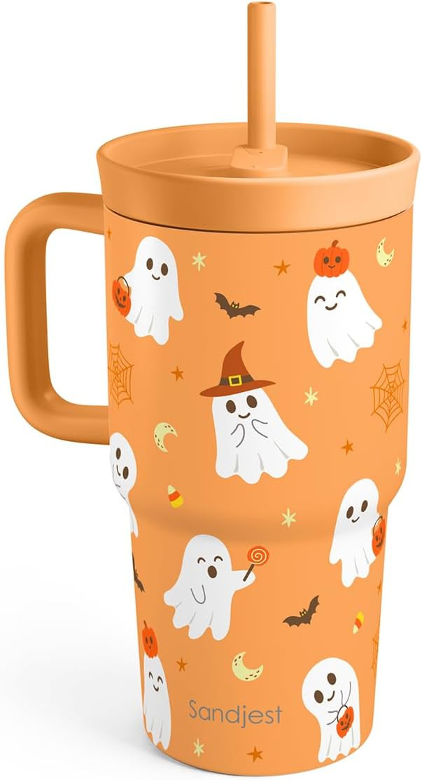 SANDJEST Boo Stainless Steel Tumbler 20 Ounces with Handle and Silicone Straw Locking Lid (Orange) | Amazon (US)