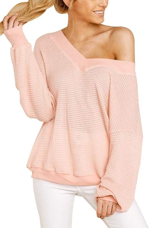 COCOLEGGINGS Women's V-Neck Long Sleeve Waffle Knit T-Shirt Off Shoulder Tops | Amazon (US)