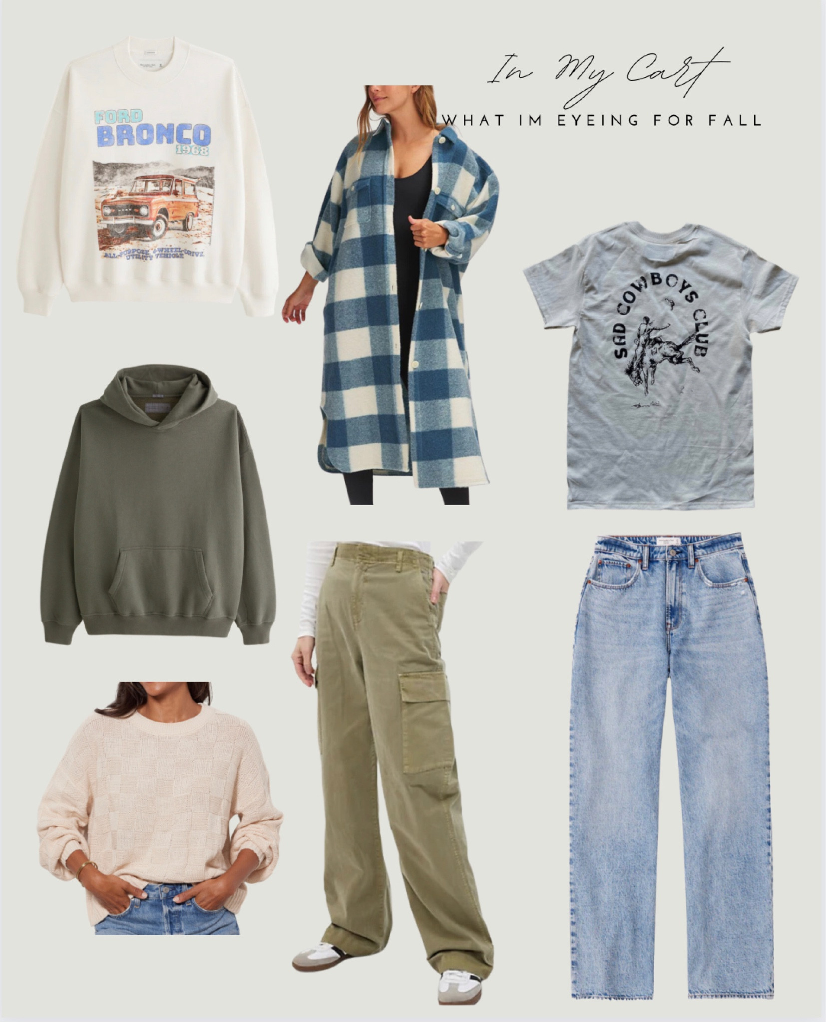 The comfiest hoodie. Straight leg high waist jeans. Graphic tee and crewnecks. Checker print sweater and long flannel shacket. 
Fall outfit. Cargo pants. 

#LTKSeasonal #LTKBacktoSchool #LTKstyletip