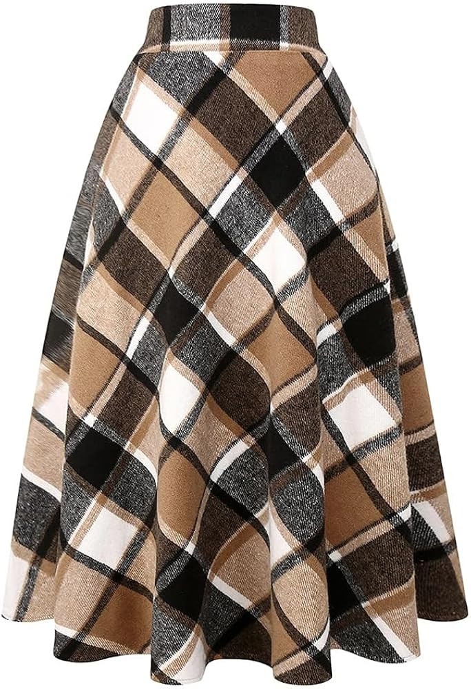 Long Plaid Wool Skirt for Womens Winter Fall Warm High Elastic Waist A line Flared Pleated Wool T... | Amazon (US)