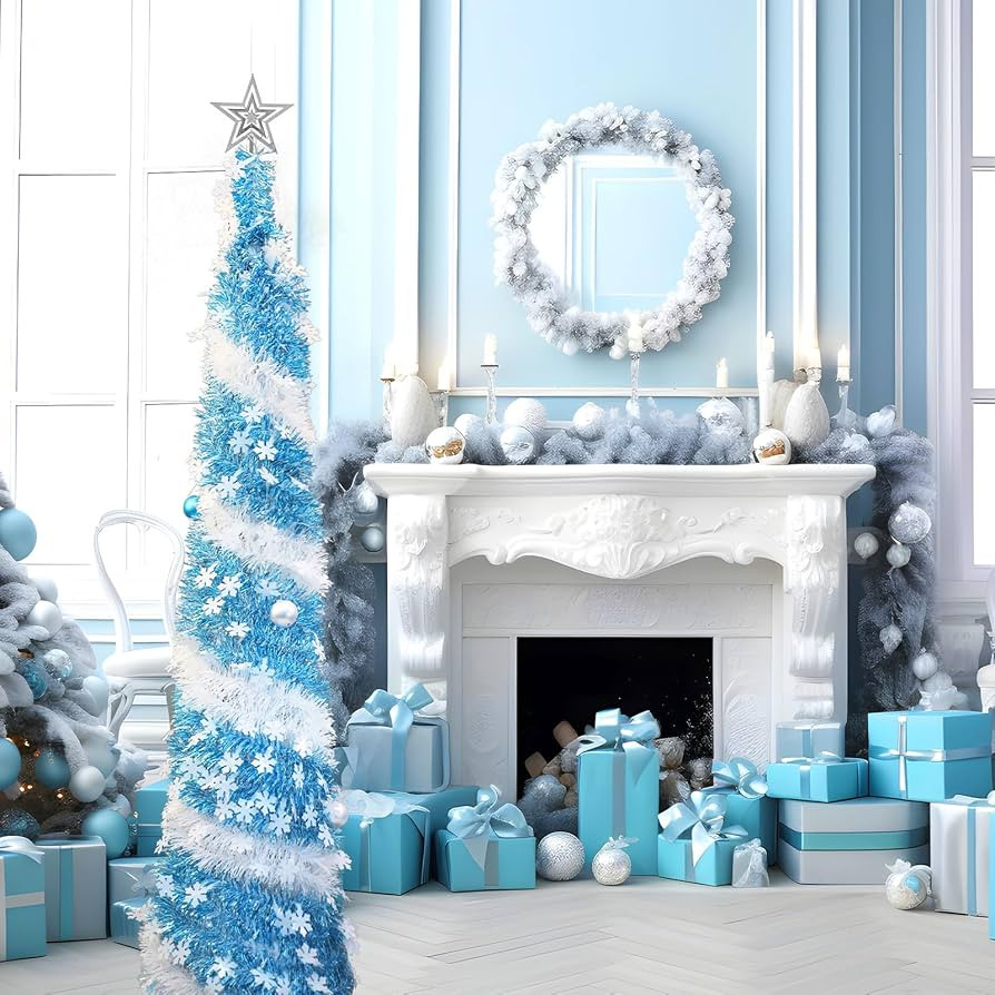 Joyyy Pop Up Christmas Tree, 5Ft Blue Collapsible Christmas Tinsel Pencil Tree with Tree Topper O... | Amazon (US)