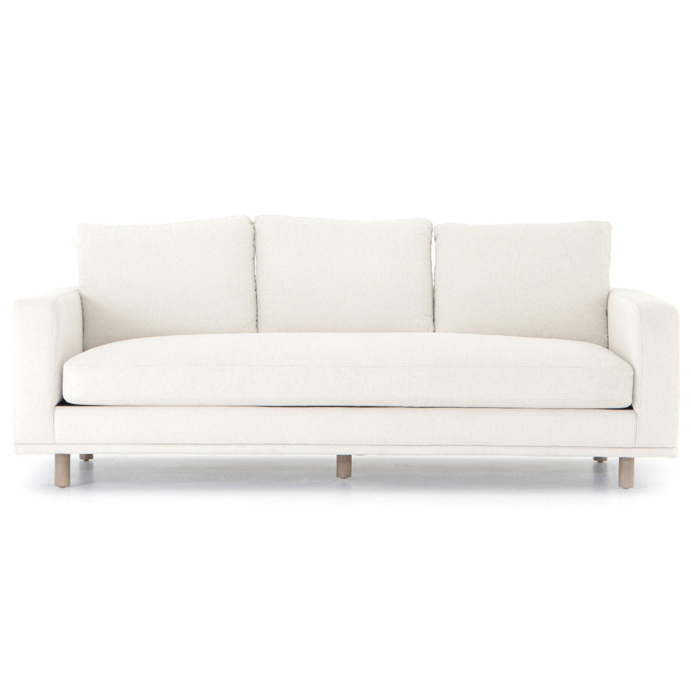 Mon Modern Classic White Upholstered Performance Natural Wood Sofa - 87""W | Kathy Kuo Home