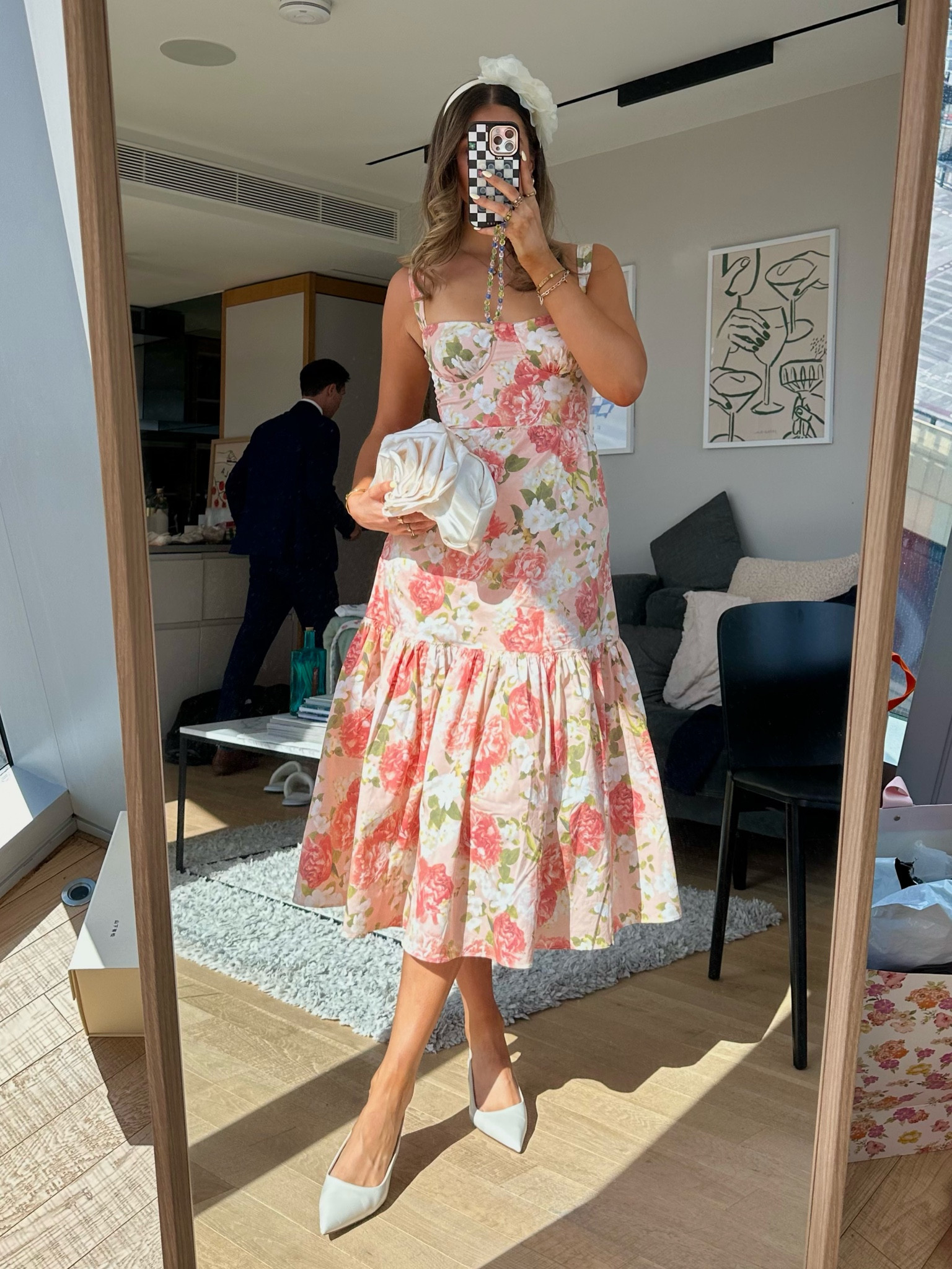 Ascot outfit races day Wimbledon occasion wear wedding outfit inspo floral midi dress corset style square neck closed toe mango heeled mules cream flower headband fascinator wedding hat gold jewellery bangles necklaces heart charm flower clutch bag cream satin summer 

#LTKsummer #LTKwedding #LTKstyletip