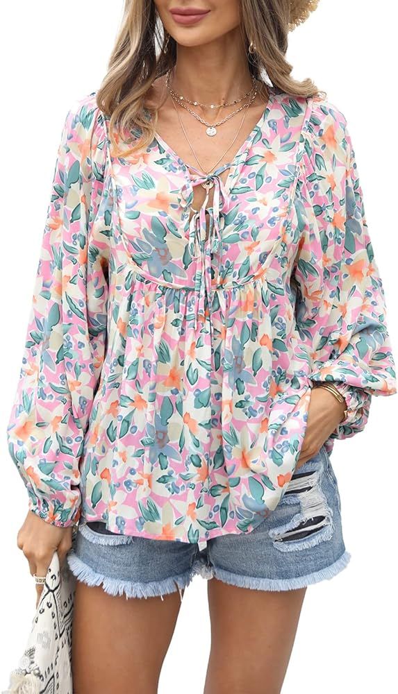 PRETTYGARDEN Women's Floral Ruffled Tunic Blouse Tie V Neck Casual Long Sleeve Babydoll Peplum Tops | Amazon (US)