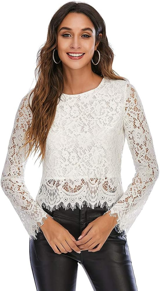 Women's Lace Long Sleeve Top Sexy Sheer Blouse Mesh Lace Crop Double Layers Blouse Shirt Tops | Amazon (US)