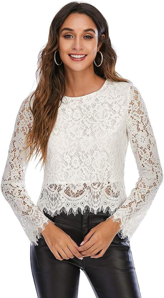 Women's Lace Long Sleeve Top Sexy Sheer Blouse Mesh Lace Crop Double Layers Blouse Shirt Tops | Amazon (US)