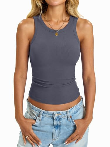 EasyGala Womens Built in Shelf Bra Tank Tops Padded Ribbed High Neck Shirts Slim Fitted Basic Summer Sleeveless Tee Dark Gray S | Amazon (US)