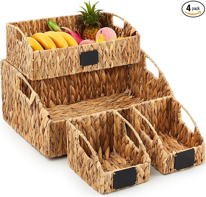 4 Pcs Natural Water Hyacinth Storage Baskets Set Stackable Handwoven Wicker Storage Bins with Cha... | Amazon (US)