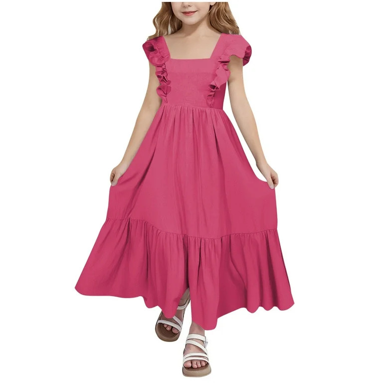 Meichang Girls' Dresses Ruffle Flutter Sleeve Square Neck Summer Maxi Dresses Casual Tie Back A-L... | Walmart (US)