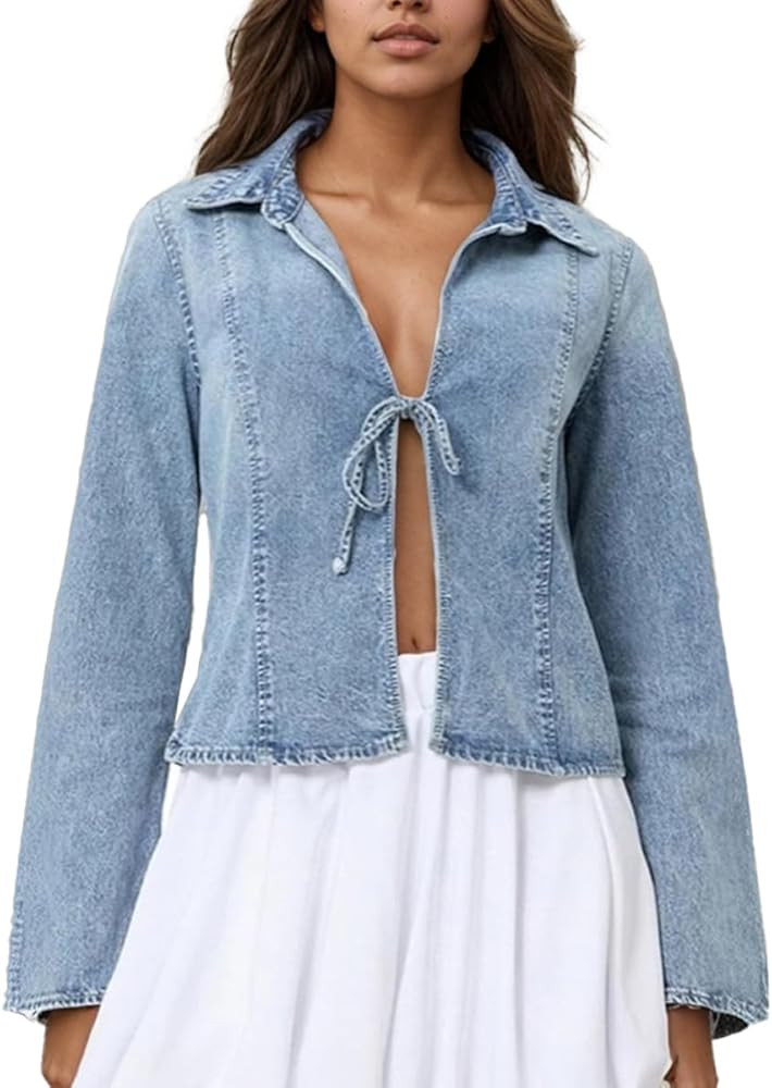 Womens Y2k Tie Front Tops Lightweight Denim Jackets Casual Loose Fit Top Fall Fashion Jean Shirt | Amazon (US)