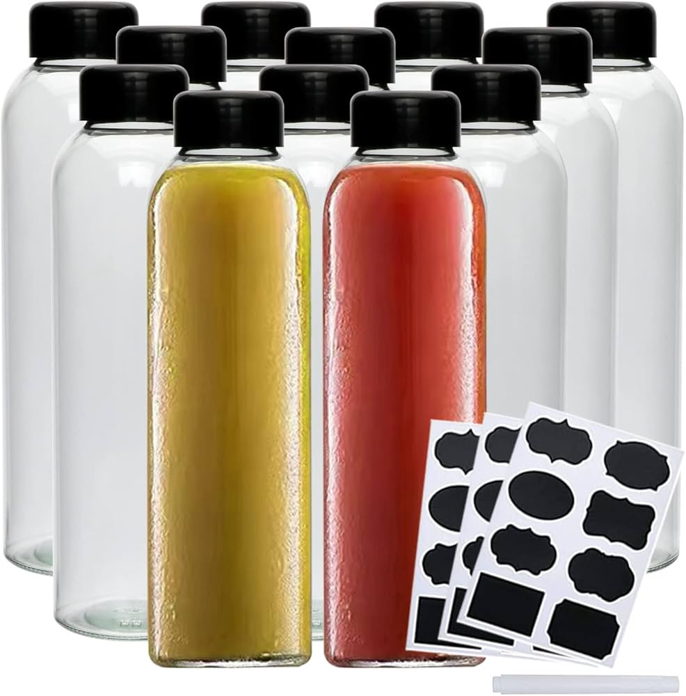 16 Oz Glass Water Bottles,Reusable Glass Juicing Bottle with Black Plastic Lids,Bulk Water Bottle... | Amazon (US)