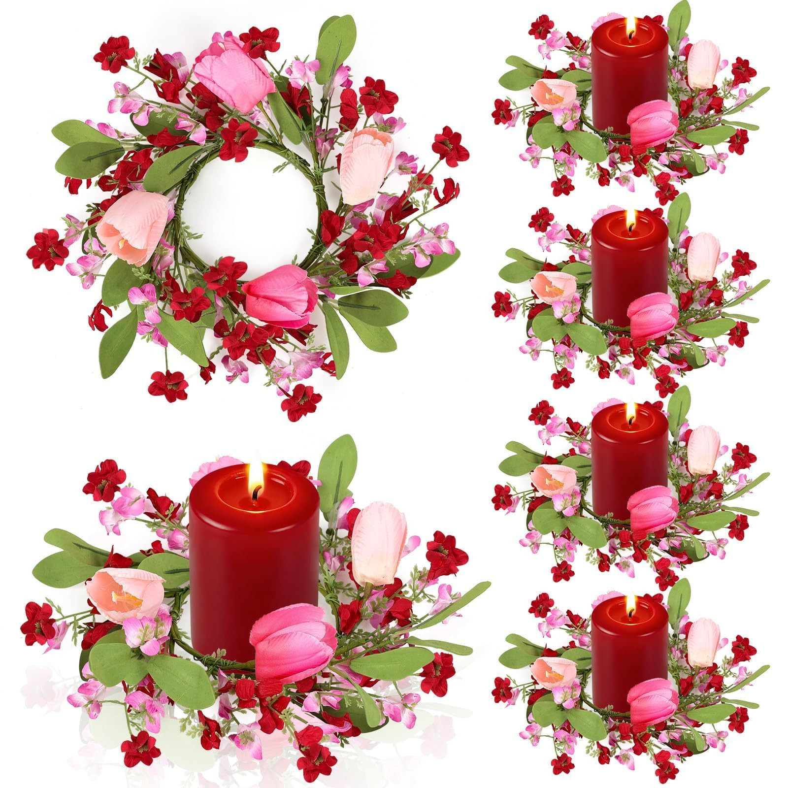 6 PCS Valentine's Day Candle Rings Valentines Mini Wreath Valentine's Pink Tulip Candle Holder Ri... | Amazon (US)