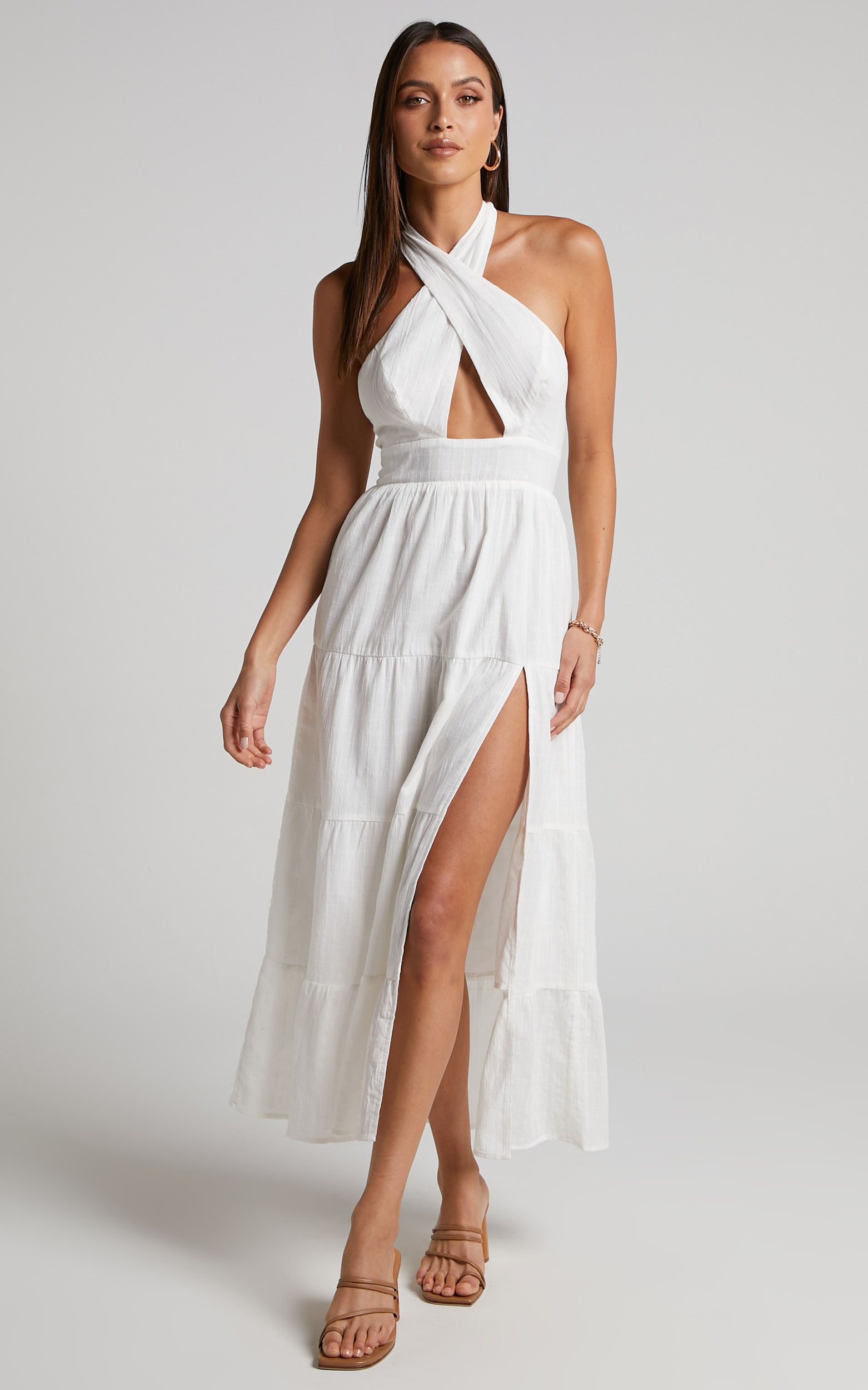 Roella Midi Dress - Tiered Halter Dress in White | Showpo (US, UK & Europe)
