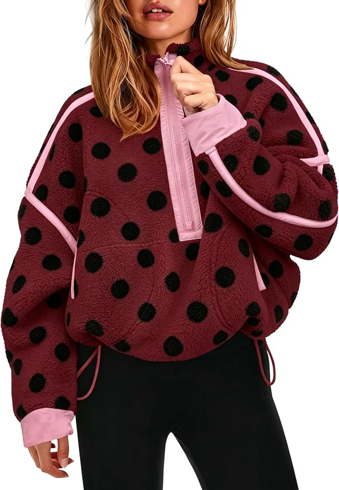 Women's Sherpa Fleece Jacket Polka Dot Drawstring Coat | Amazon (US)