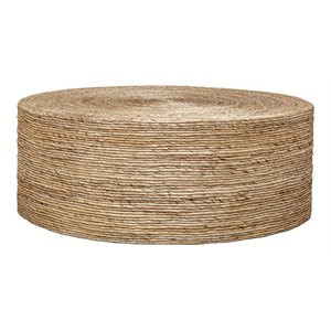 Uttermost Rora Round Coastal Wood and Banana Plant Woven Coffee Table in Brown | Cymax