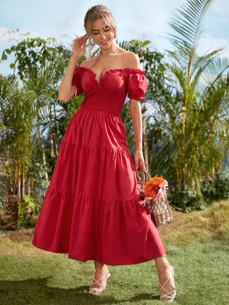 SHEIN Off Shoulder Flounce Sleeve Shirred Dress | SHEIN