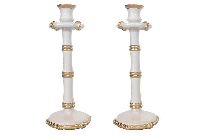 S/2 Bamboo-Style Tall Candlesticks, White | One Kings Lane