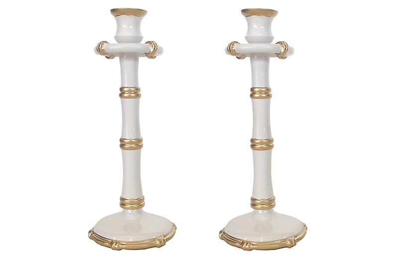 S/2 Bamboo-Style Tall Candlesticks, White | One Kings Lane