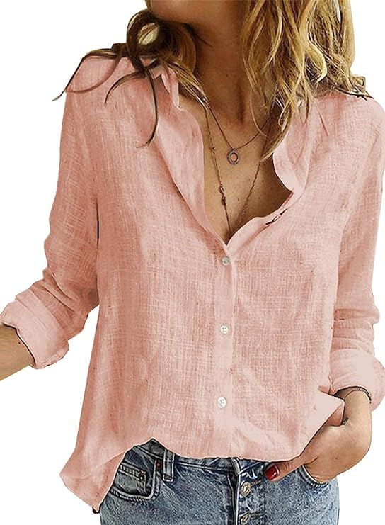 Women's Button Down Blouse Shirts Roll up Sleeve Solid Color Casual Work Tops | Amazon (US)