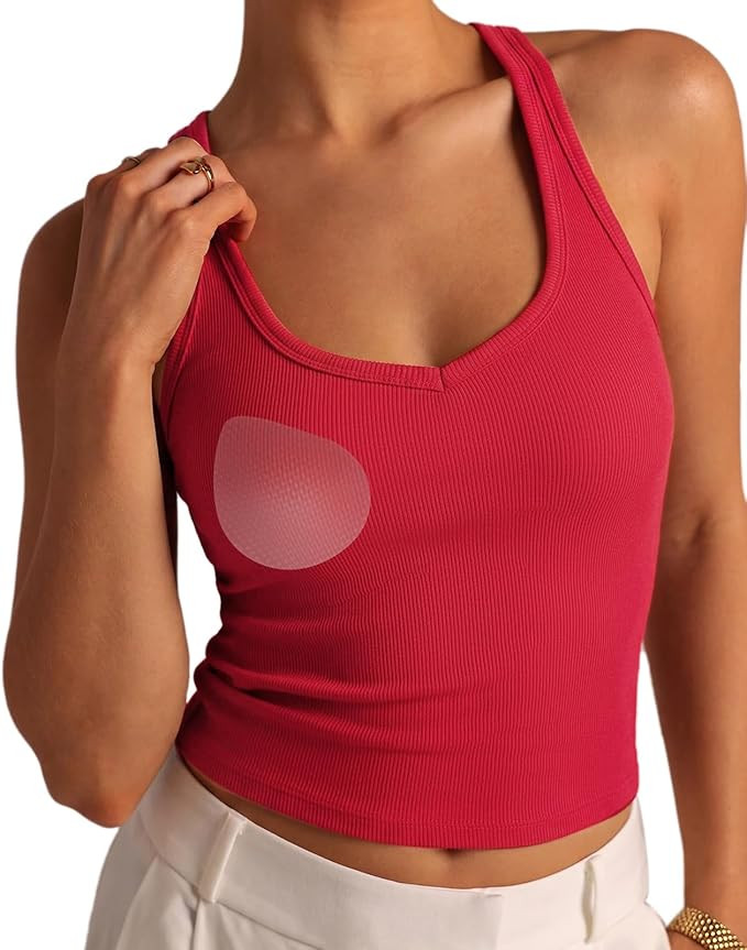 SUUKSESS Women Padded Cotton Ribbed V Neck Tank Top Summer Basic Going Out Tops | Amazon (US)
