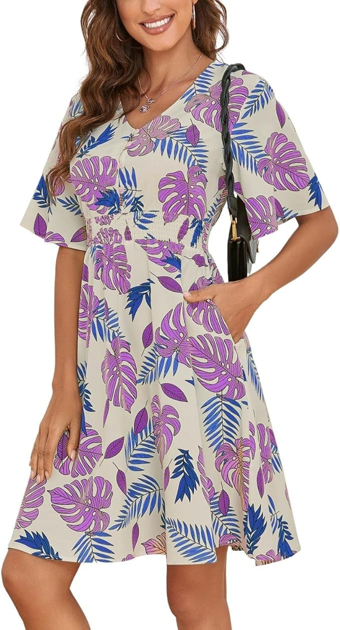 Raikamitu Women's Short Sleeve V Neck Cute Spring Dresses Summer Casual Floral Flowy Tropical Sun... | Amazon (US)