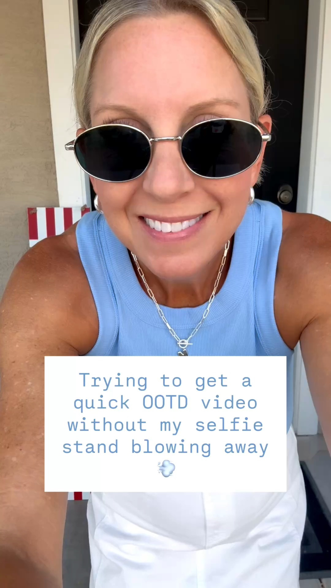 Trying to get a quick outfit of the day video without my stand being blown away…this wind has been crazy lately!

Today marks day 1 of my week of patriotic looks…perfect for the upcoming 4th holiday and Labor Day in a few months. Wearing a S in this BR Factory tank (other colors available & on sale for $12). I linked a very similar color from Amazon. This utility white mini is also on sale @bananarepublicfactory and has quickly become a summer staple. Wearing a 26/2 (the 4/27 was a little wider at the bottom but similar in the waist). My darning new Natalie Wood toggle charm necklace was a gift from one of my soul sisters during my recent visit back home. It’s available at vonmaur.com but can’t be linked here. I linked a similar one in gold to help you create the same look.