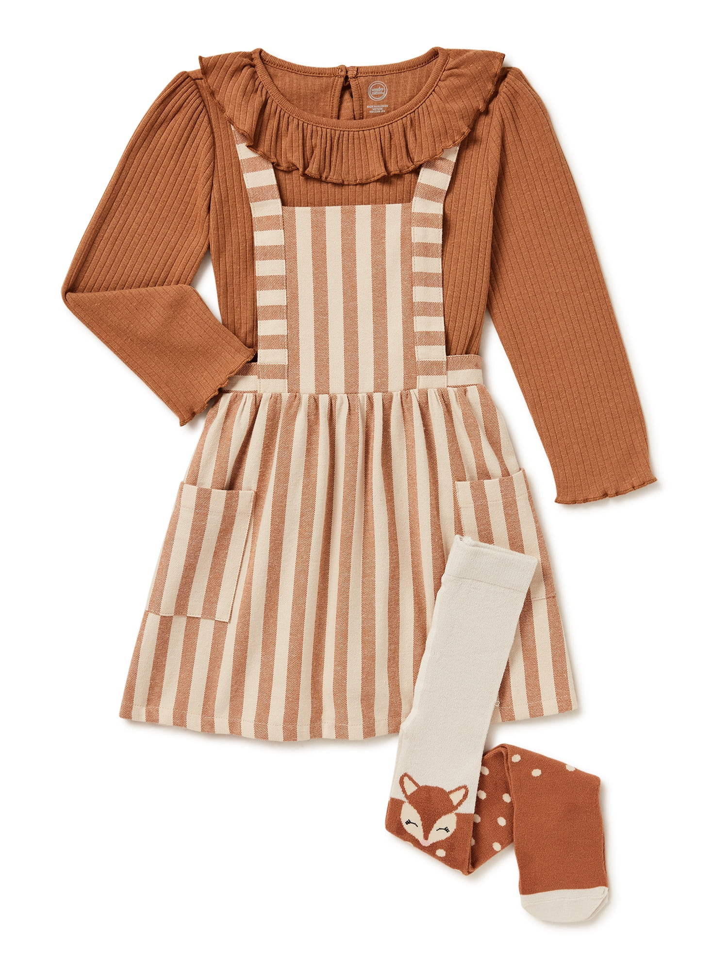 Wonder Nation Baby and Toddler Girls' Pinafore Dress, Long Sleeve Top and Tights Set, Sizes 12M -... | Walmart (US)