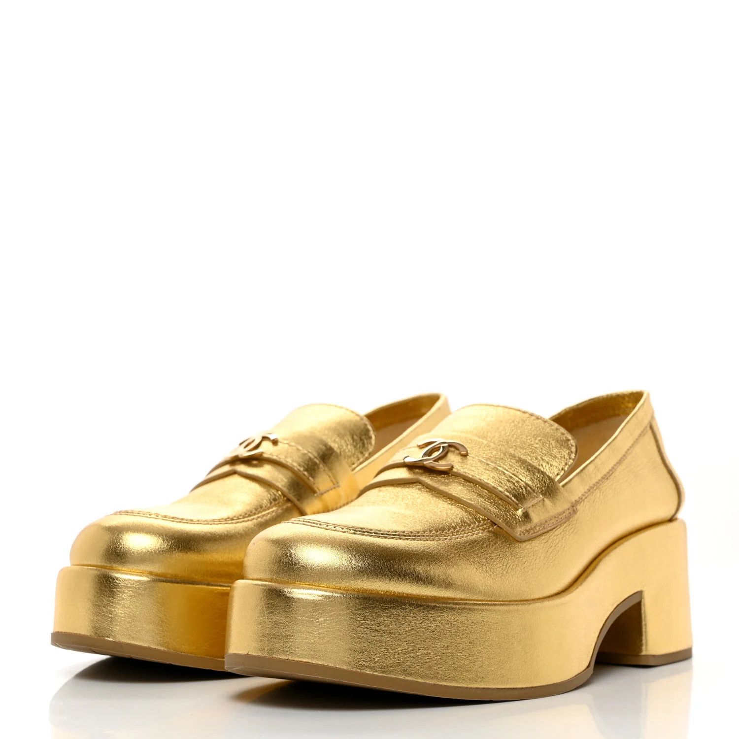 Laminated Calfskin CC Platform Loafers 38.5 Golden | FASHIONPHILE (US)