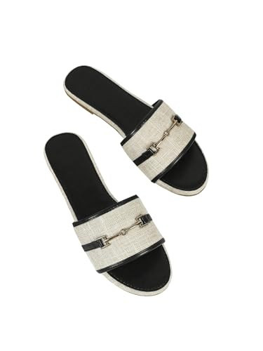 GORGLITTER Women's Flat Sandals Leather Open Toe Metal Chain Summer Dressy Sandals Solid Black 9.5 | Amazon (US)