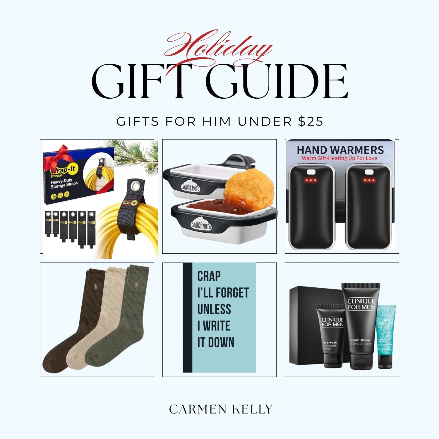 If you’re shopping for the men in your life—husbands, sons, dads, brothers, coworkers—these budget-friendly finds are always a hit! I rounded up practical, fun, and everyday favorites he’ll actually use (and not toss in a drawer 😅).

✨ Gifts Under $25:
• Heavy-duty storage straps for the garage or workshop
• Sauce cups for on-the-go dipping (a fan favorite!)
• Rechargeable hand warmers
• Cozy socks he’ll reach for daily
• A witty notepad for the forgetful ones
• Clinique For Men skincare set — such a great value

#GiftsForHim #HolidayGifts #Under25Gifts #Under50Gifts #StockingStuffers #CarmenKellyStyle #GiftGuide2025

#LTKGiftGuide #LTKFindsUnder50 #LTKWedding