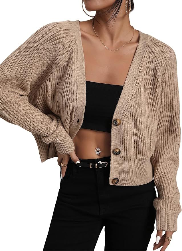 MakeMeChic Women's Casual V Neck Button Up Long Sleeve Cropped Cardigan Sweater | Amazon (US)