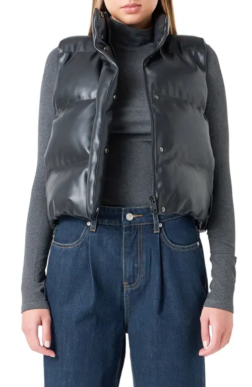 Grey Lab Faux Leather Crop Puffer Vest in Black at Nordstrom, Size Medium | Nordstrom
