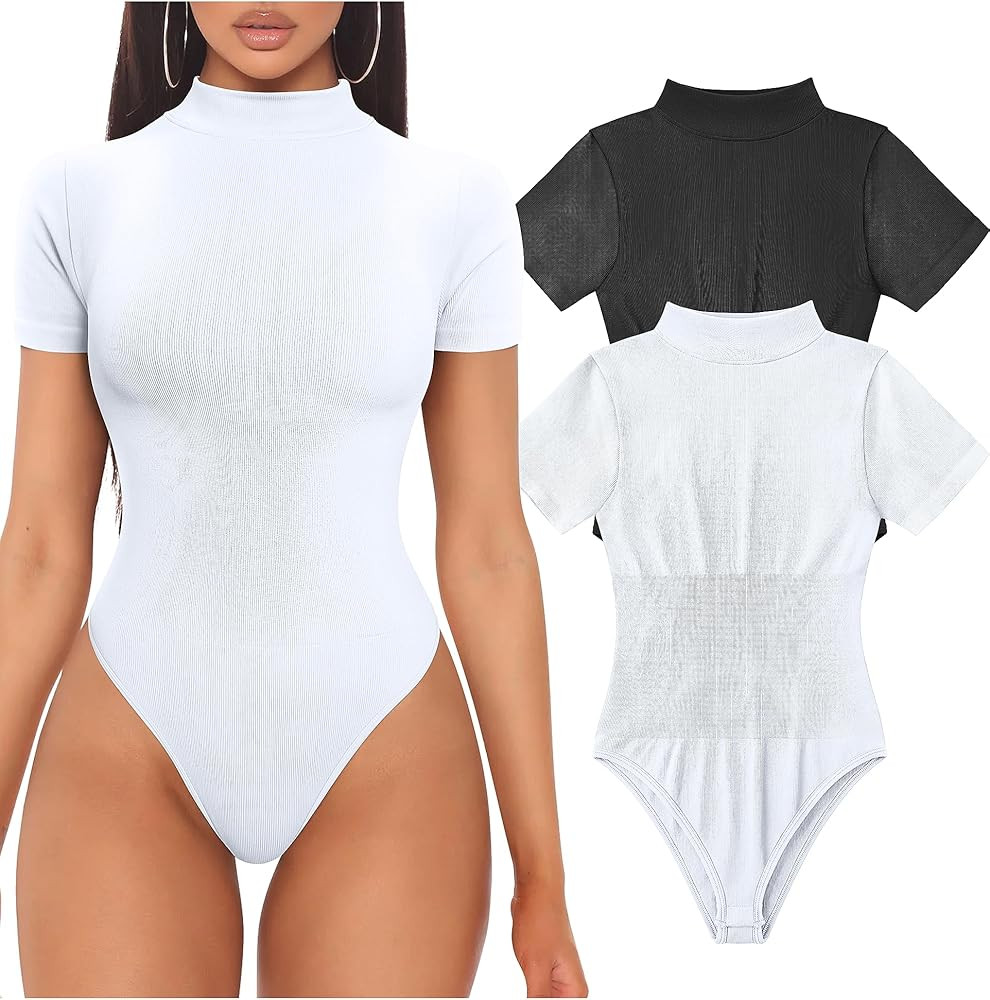 OQQ Women's 2 Piece Bodysuits Sexy Ribbed Short Sleeve Turtle Neck Tops Bodysuits | Amazon (US)
